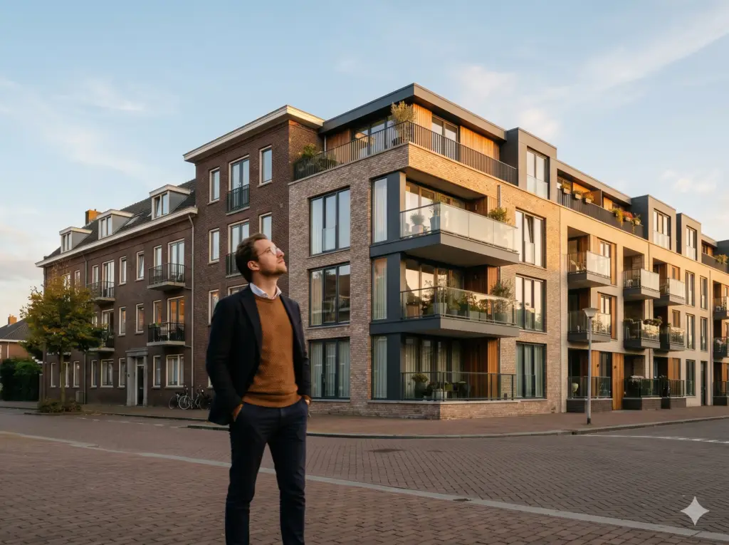 Verhuurder kijkt op naar een modern Nederlands appartementengebouw in warm avondlicht, als symbool voor de keuze tussen gereguleerde huur en vrije sector.