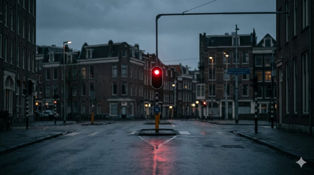 Geen crimineel, toch verdachte: waar hangt de straf bij een ernstig verkeersongeval van af? 1 Verlaten kruising in de schemering met een rood verkeerslicht dat weerspiegelt in het natte wegdek, sobere sfeer bij een blog over straffen na een verkeersongeval.