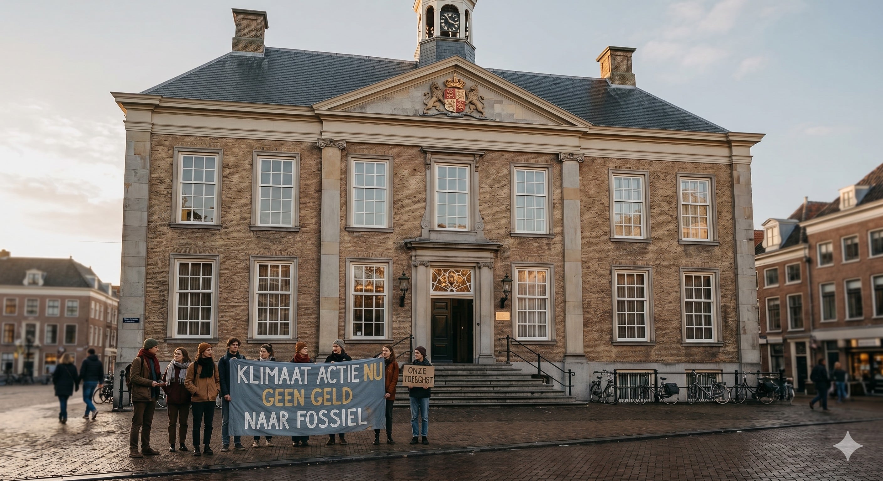 Illustratie van een stadhuis met demonstranten ervoor als verwijzing naar de bevoegdheden van de burgemeester