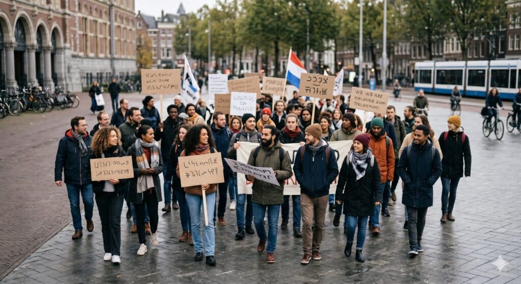 Vreedzame demonstratie op een stadsplein met mensen die spandoeken vasthouden