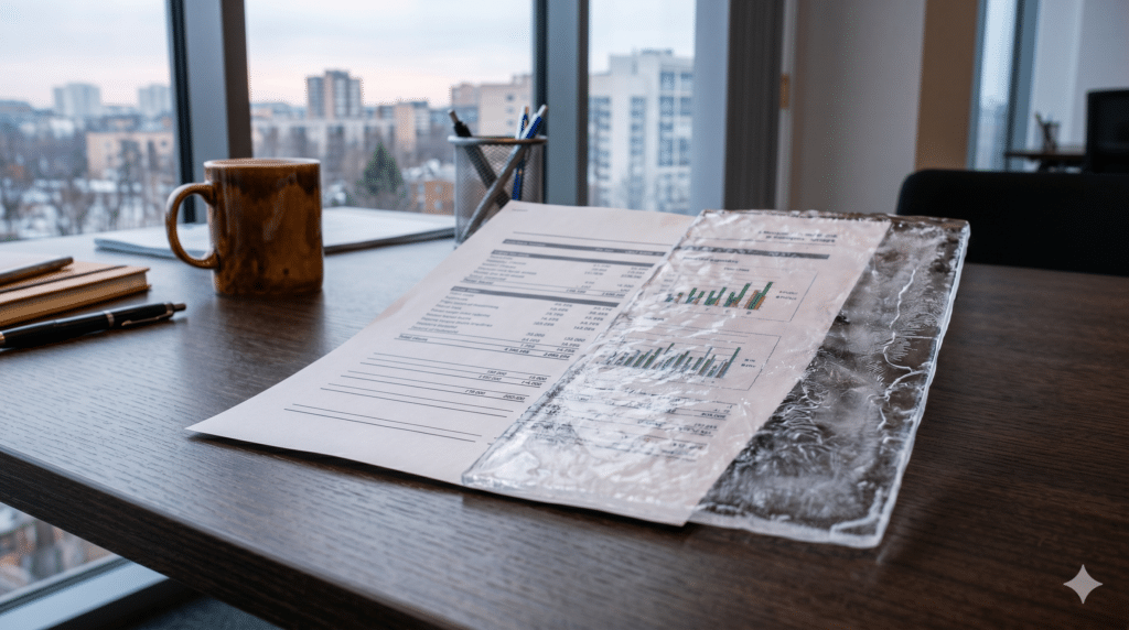 Financial report with bar charts and graphs lying on a wooden office desk beside a coffee mug, with a city skyline visible through the window