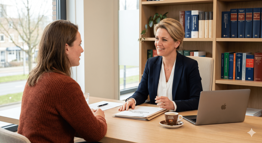 Familierecht advocaat in gesprek met een cliënt tijdens een juridisch adviesgesprek over echtscheiding en familierecht in Nederland