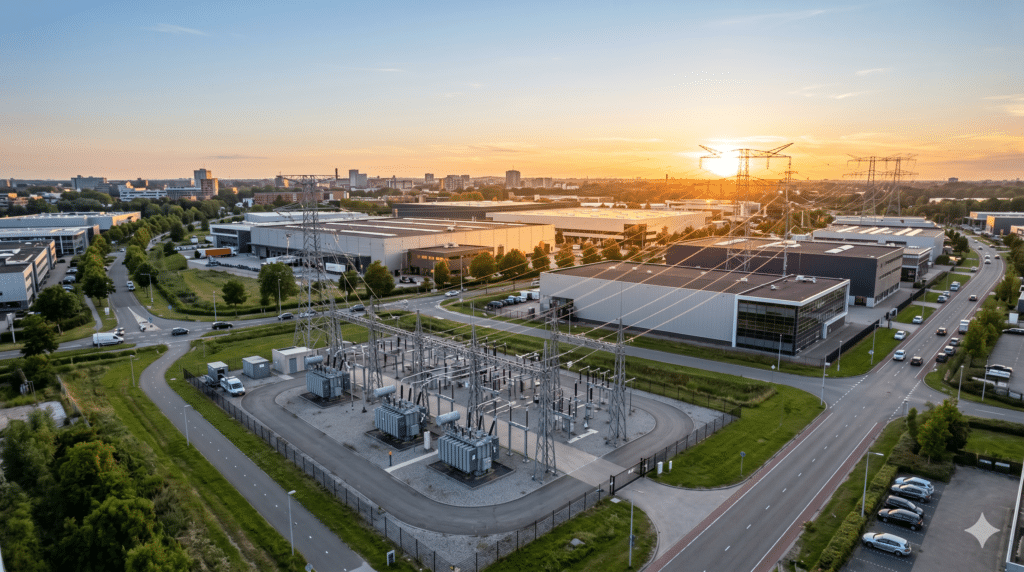 Gesloten distributiesysteem met transformatorstation en hoogspanningsmasten op een industrieterrein bij zonsondergang