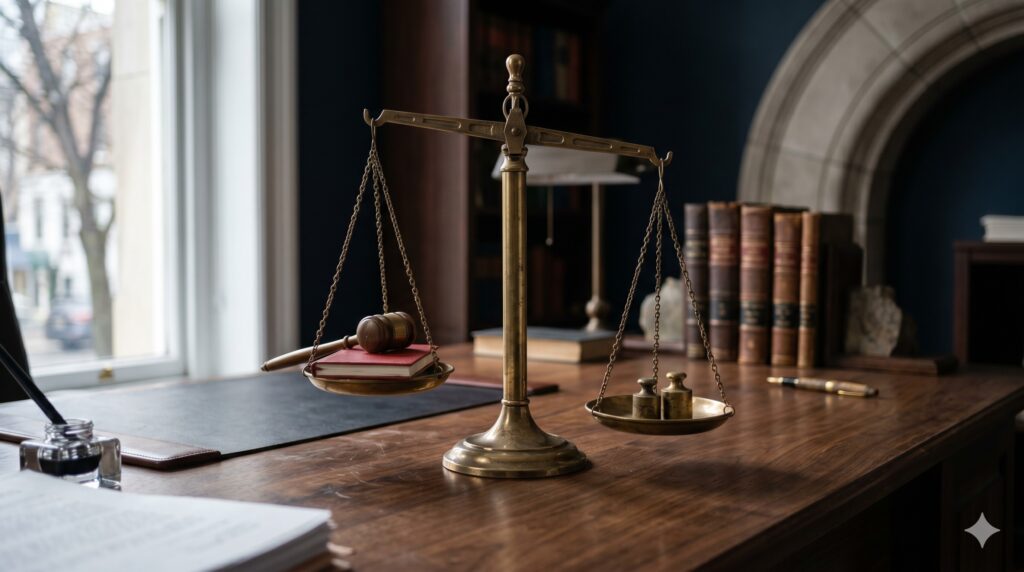 Weegschaal van justitie met hamer op een bureau, symbool voor de juridische beoordeling van politiegeweld