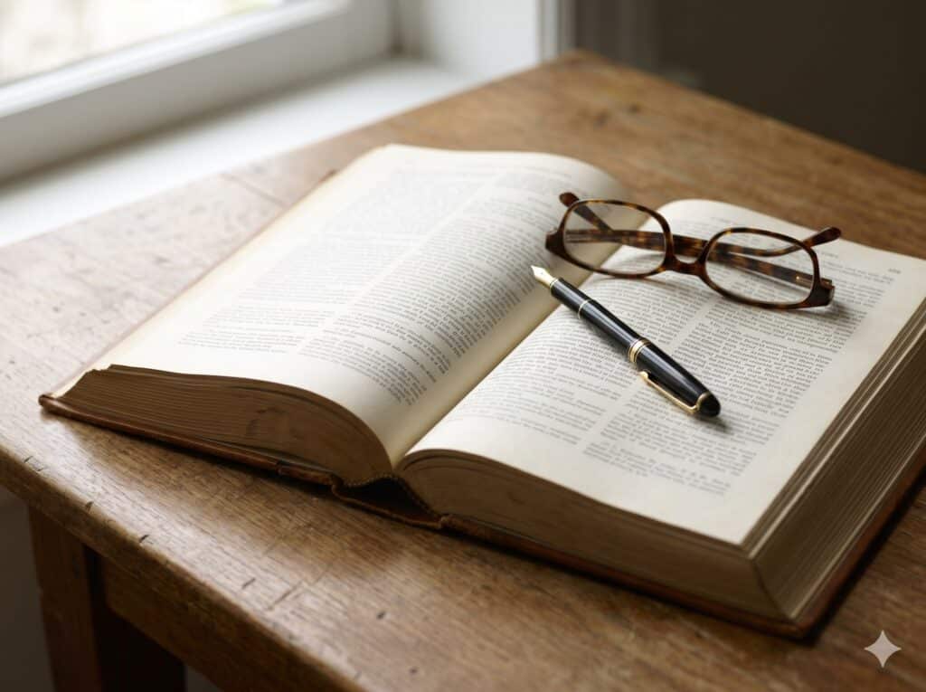 Opengeslagen juridisch wetboek met een vulpen en leesbril op een houten bureau