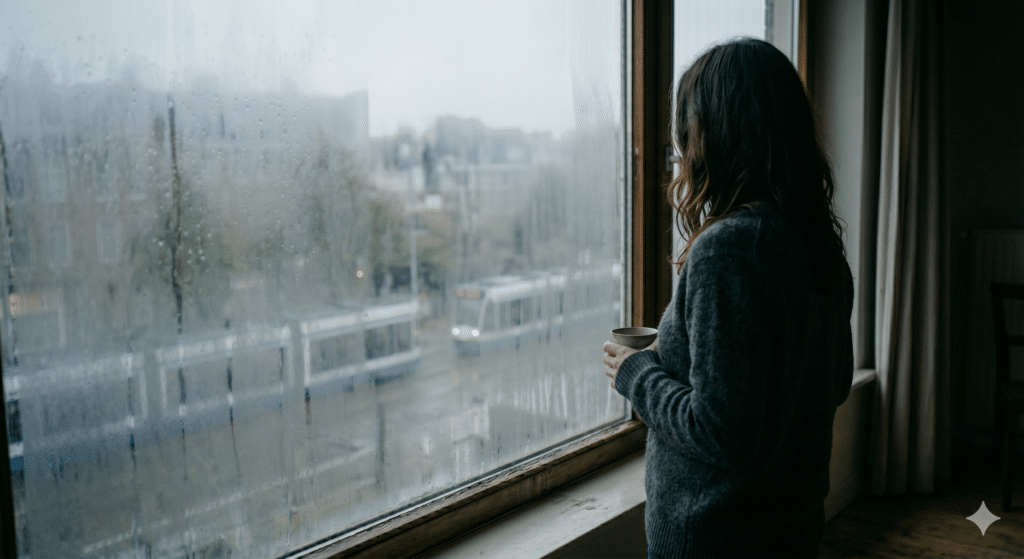Vrouw bij raam die intieme terreur en dwingende controle binnen een relatie symboliseert tijdens een echtscheiding