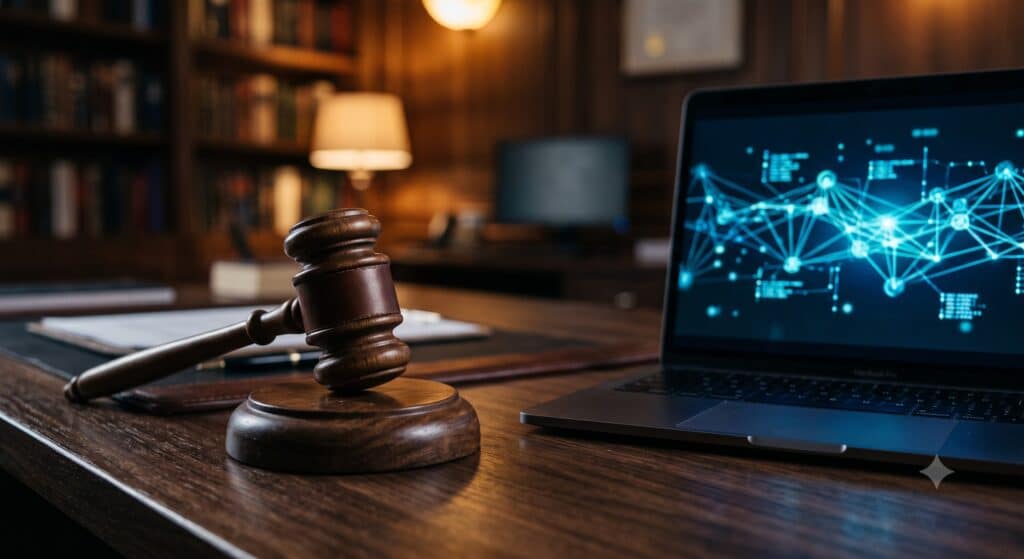 Crypto en strafrecht - rechtershamer en laptop met blockchain netwerk als digitaal bewijs