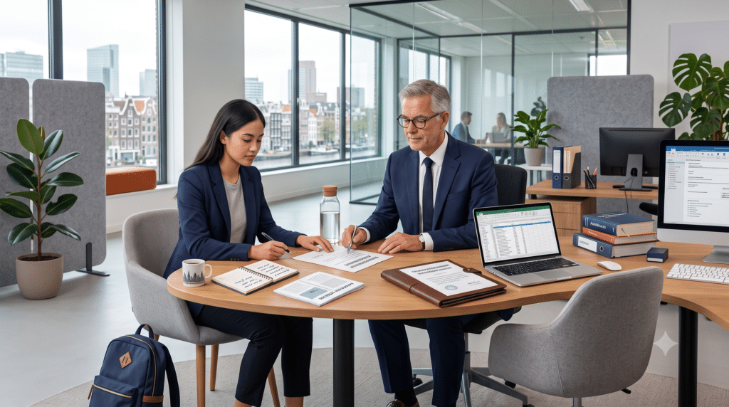 Stagiair en werkgever bespreken de kwalificatie van een stage of arbeidsovereenkomst op kantoor