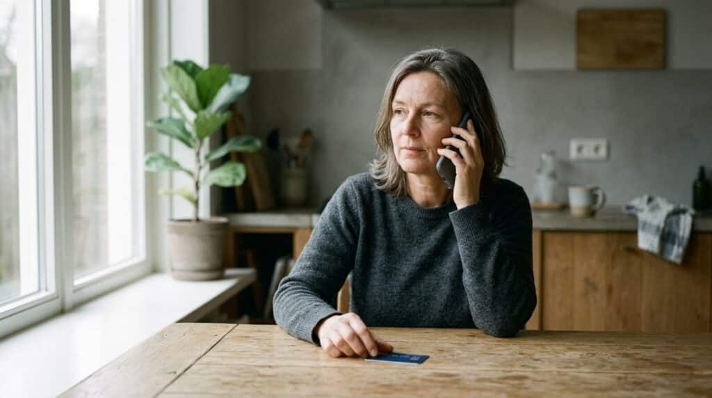 Vrouw aan een keukentafel belt met haar bank, met haar bankpas voor zich op tafel