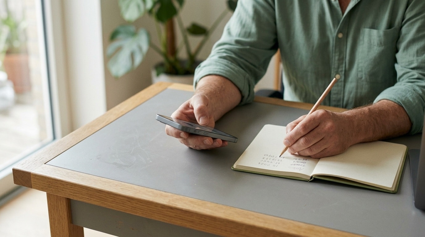 Man maakt aan zijn bureau schermafbeeldingen van zijn telefoon en noteert gegevens