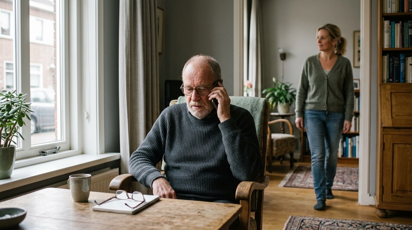 Oudere man telefoneert in zijn woonkamer terwijl zijn dochter binnenkomt