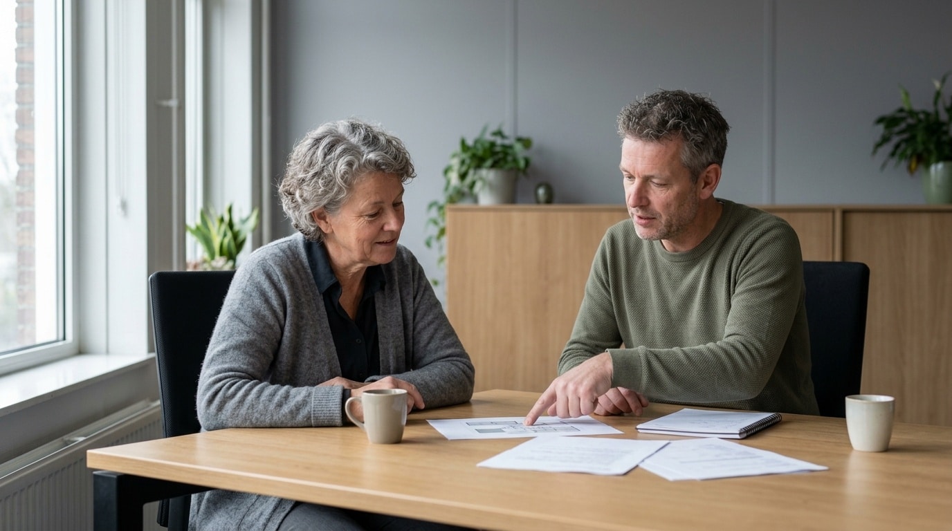 Twee mensen bespreken papieren aan een tafel in een kantoorruimte
