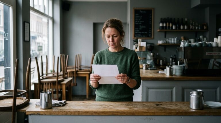 Cafe-eigenaar leest een brief achter de toog van haar gesloten zaak