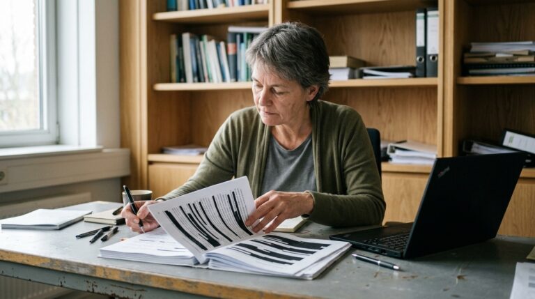 Stapel documenten met zwart weggelakte passages naast een laptop op een bureau