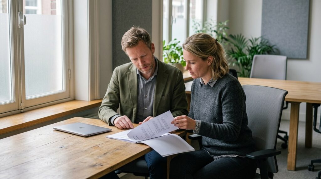 Twee mensen nemen aan een vergadertafel een contract door