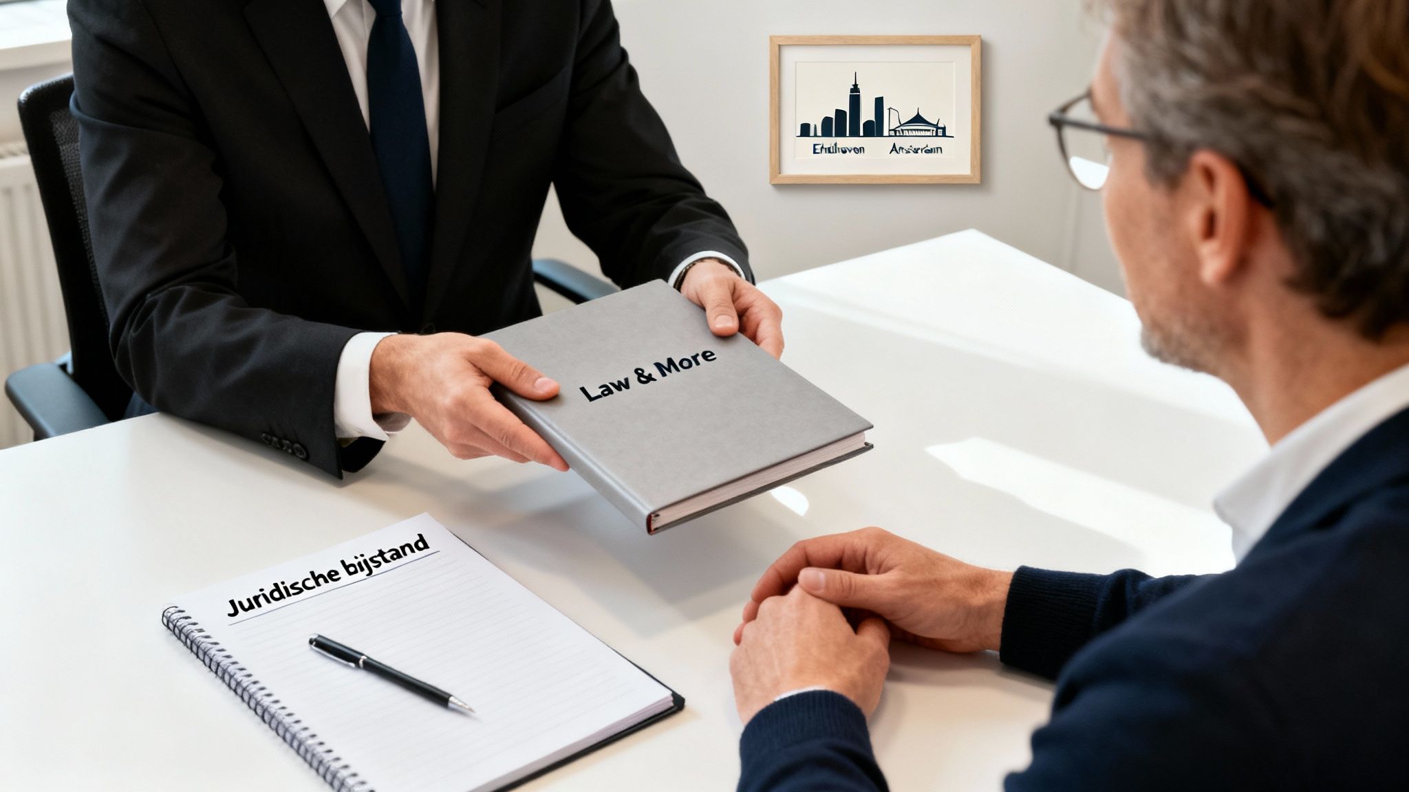 Advocaat overhandigt 'Law & More' boek aan cliënt, met notitieblok 'Juridische bijstand' op tafel.