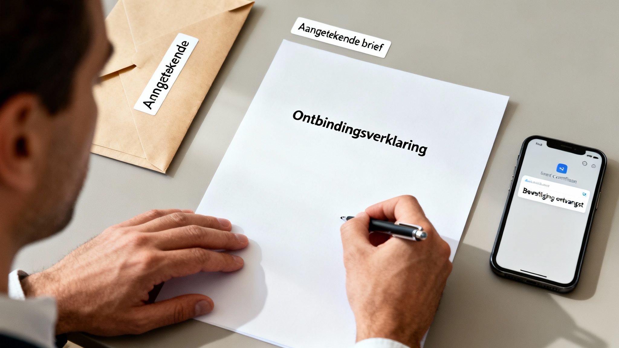 Een persoon ondertekent een ontbindingsverklaring voor een aangetekende brief, met een telefoon die ontvangst bevestigt.