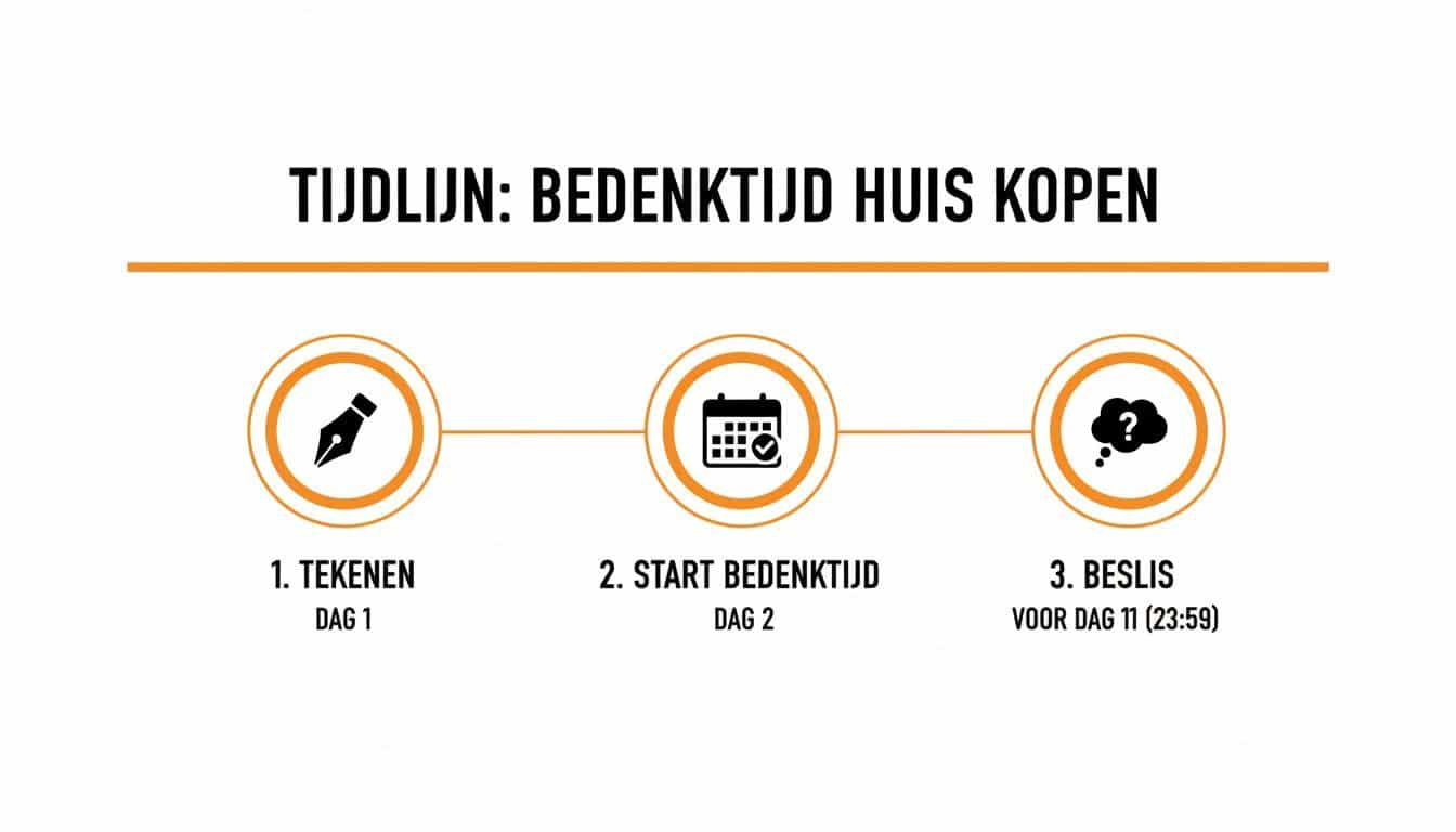 Tijdlijn met drie stappen voor de bedenktijd bij het kopen van een huis: tekenen, start bedenktijd en beslissen.