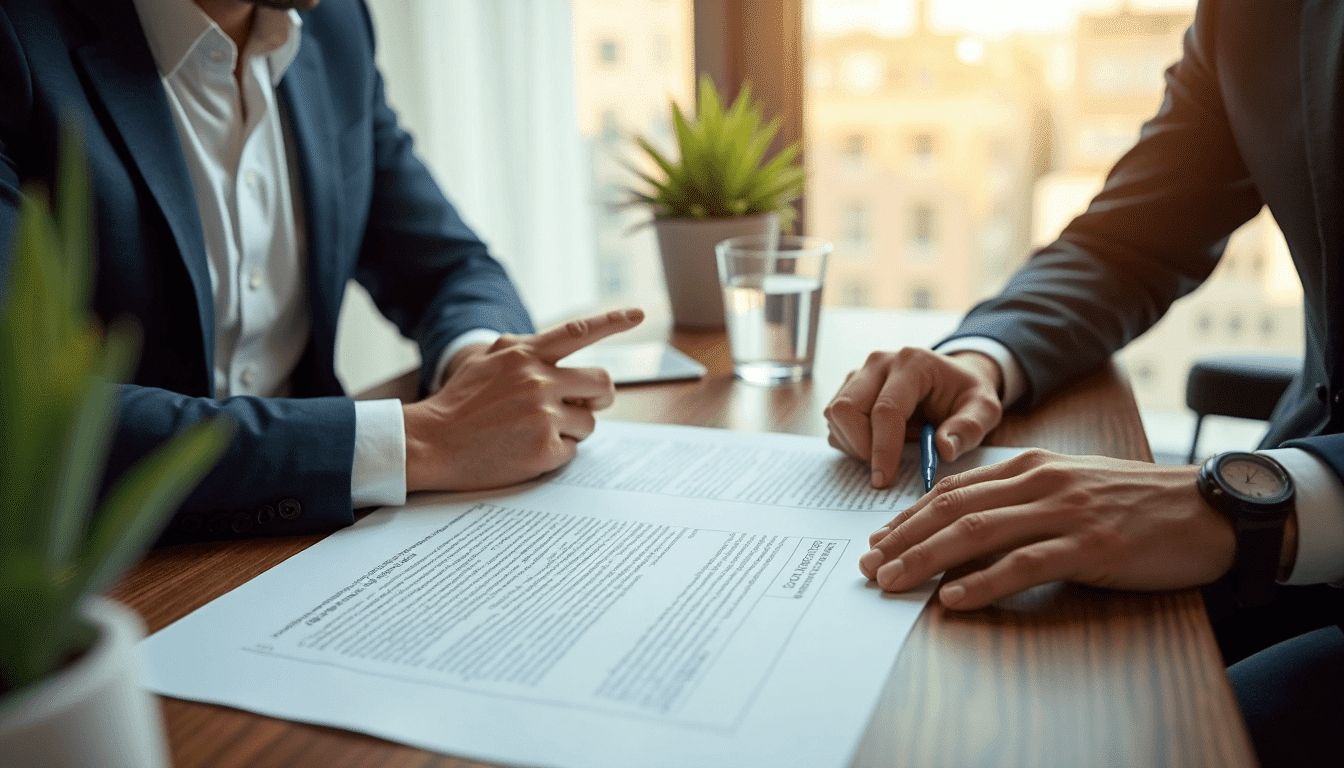 Entrepreneurs reviewing legal partnership contract together
