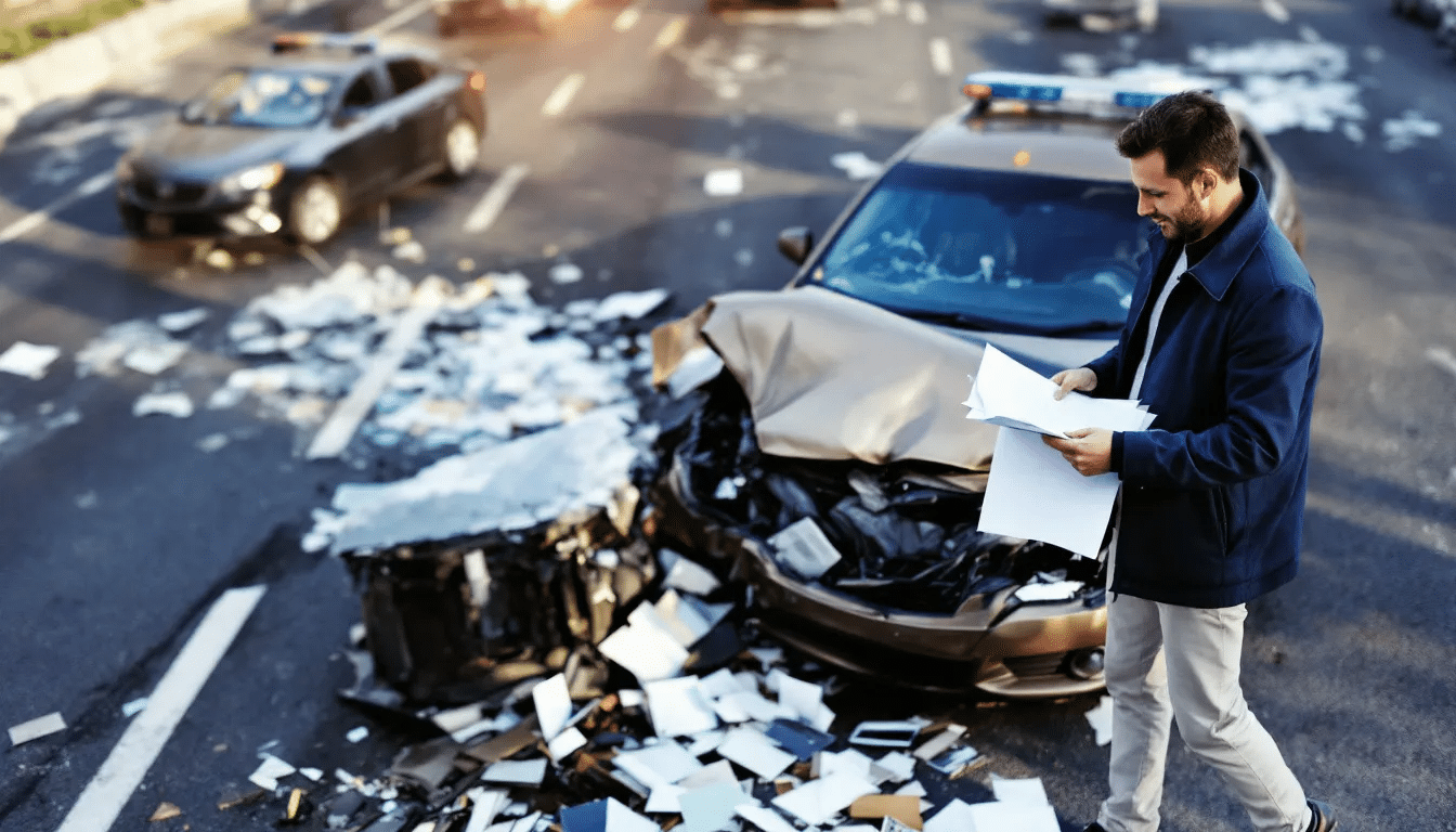 Een persoon staat bij de plek van een verkeersongeval en verzamelt documenten en foto's om de aansprakelijkheid vast te stellen. Ze documenteert materiële schade en mogelijke getuigenverklaringen om de wederpartij aansprakelijk te stellen voor de geleden schade.