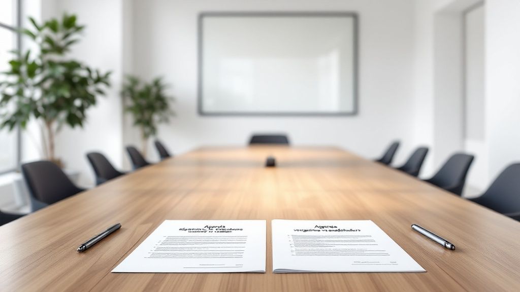 Een groep professionals in een formele vergadering, symbolisch voor de algemene vergadering van aandeelhouders.