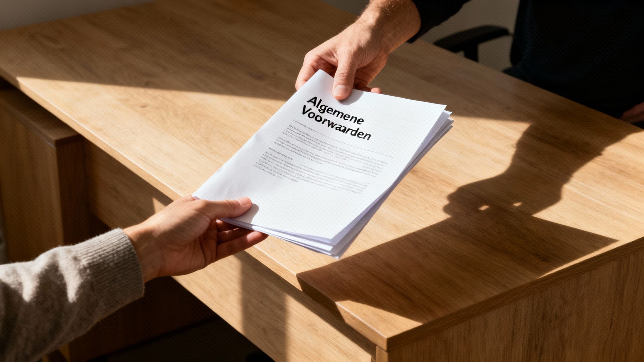 Papieren document met algemene voorwaarden wordt overhandigd