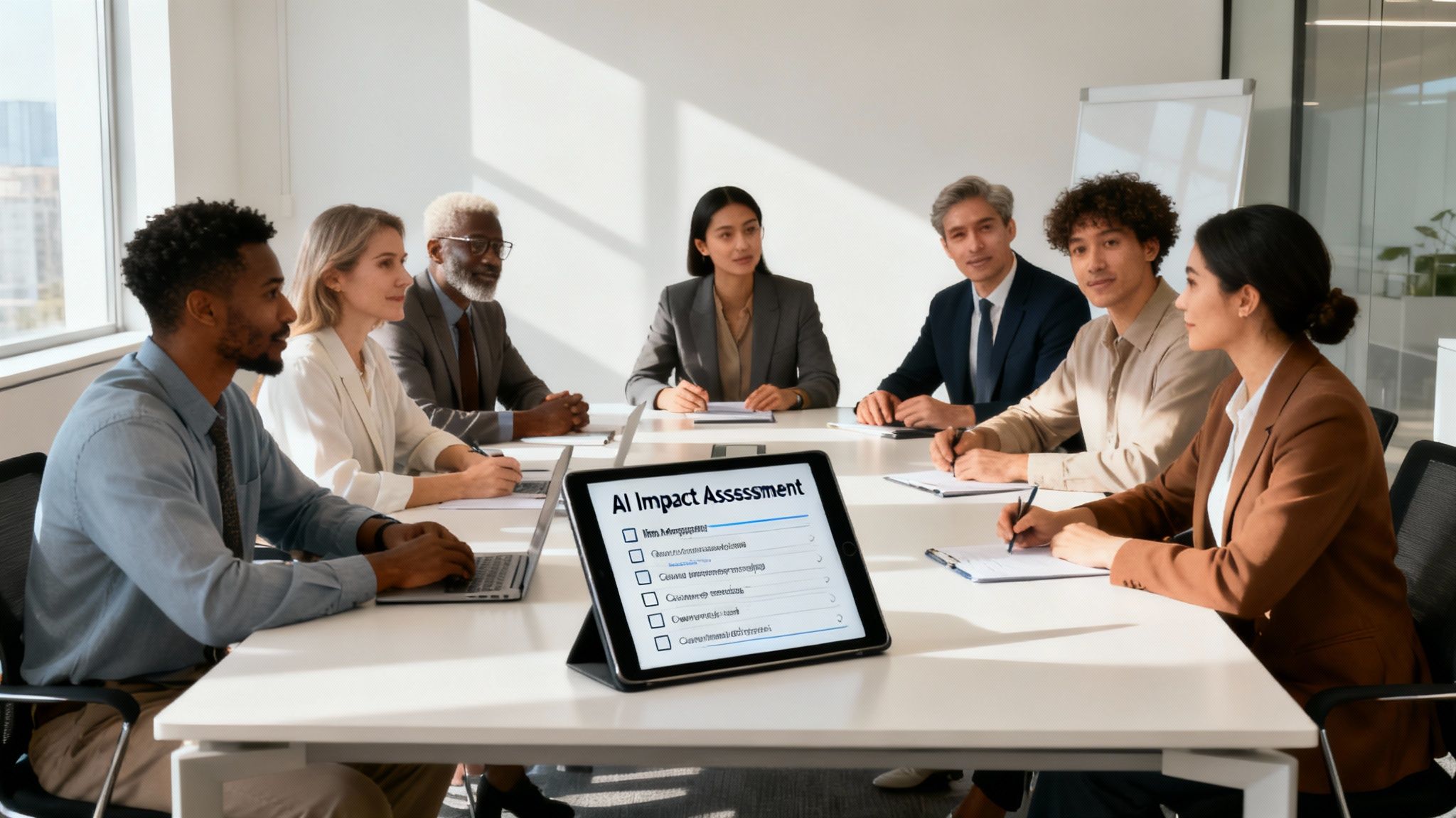 Een diverse groep professionals overlegt aan een vergadertafel met een tablet die 'AI Impact Assessment' toont.