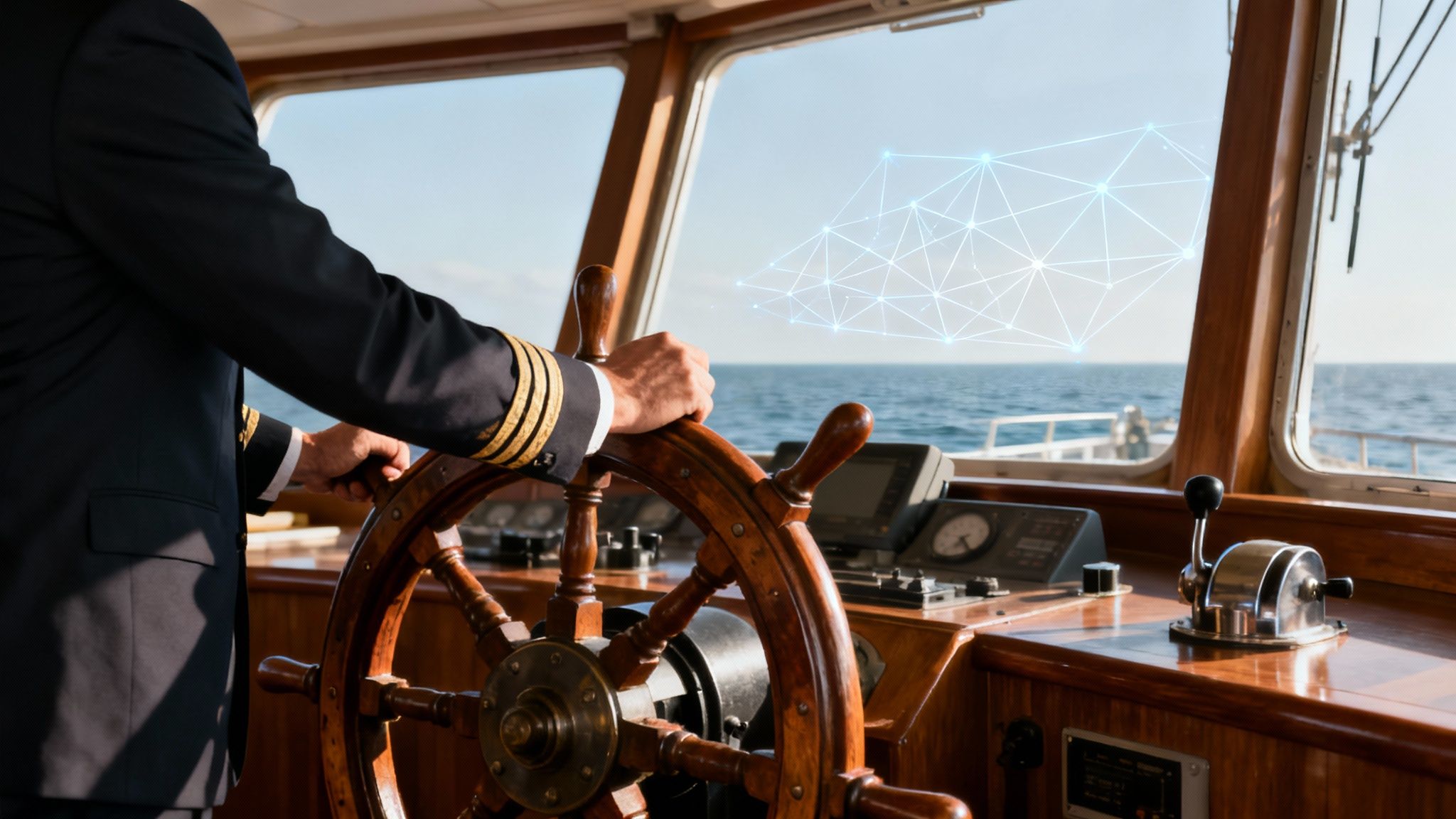 Kapitein aan het houten stuurwiel van een schip, met een futuristisch netwerk over de zee.