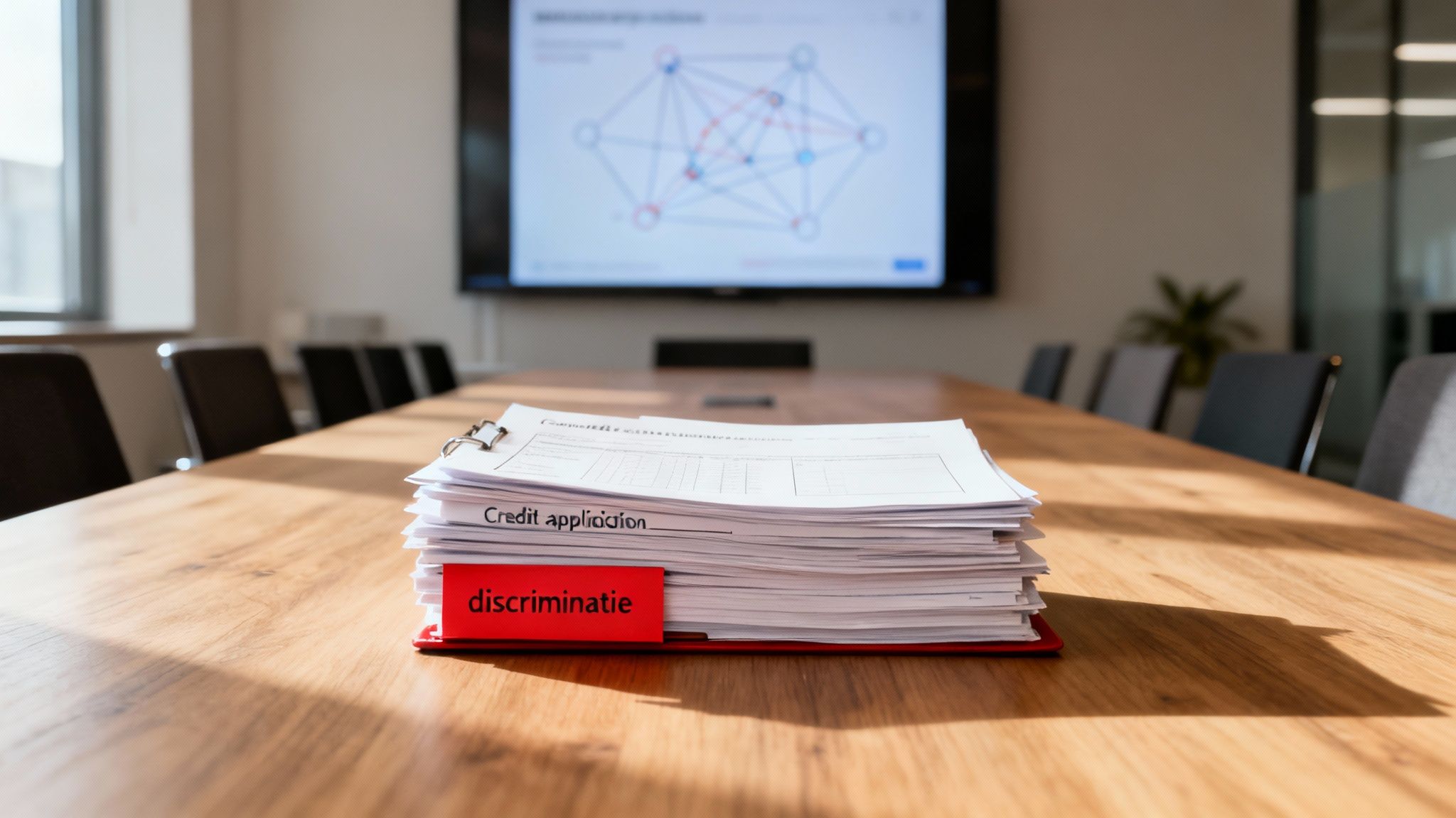 Een stapel kredietaanvragen met een rood label 'discriminatie' ligt op een houten vergadertafel.