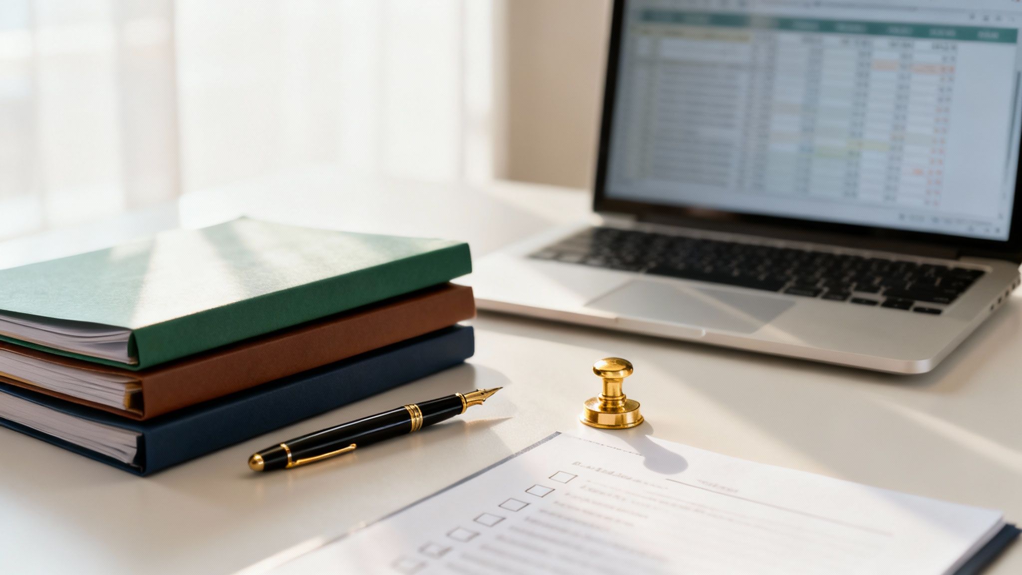 Bureau met boeken, een pen, laptop met spreadsheet en formulier voor productief werk of studie.