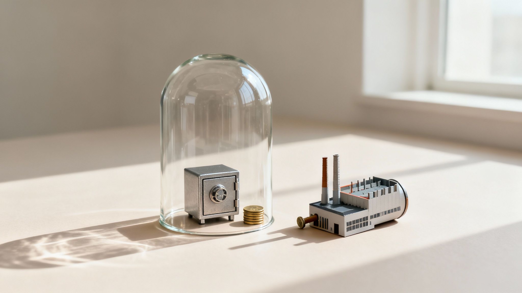 Miniature kluis en gouden munten onder glazen stolp, naast een model fabriek op een tafel.