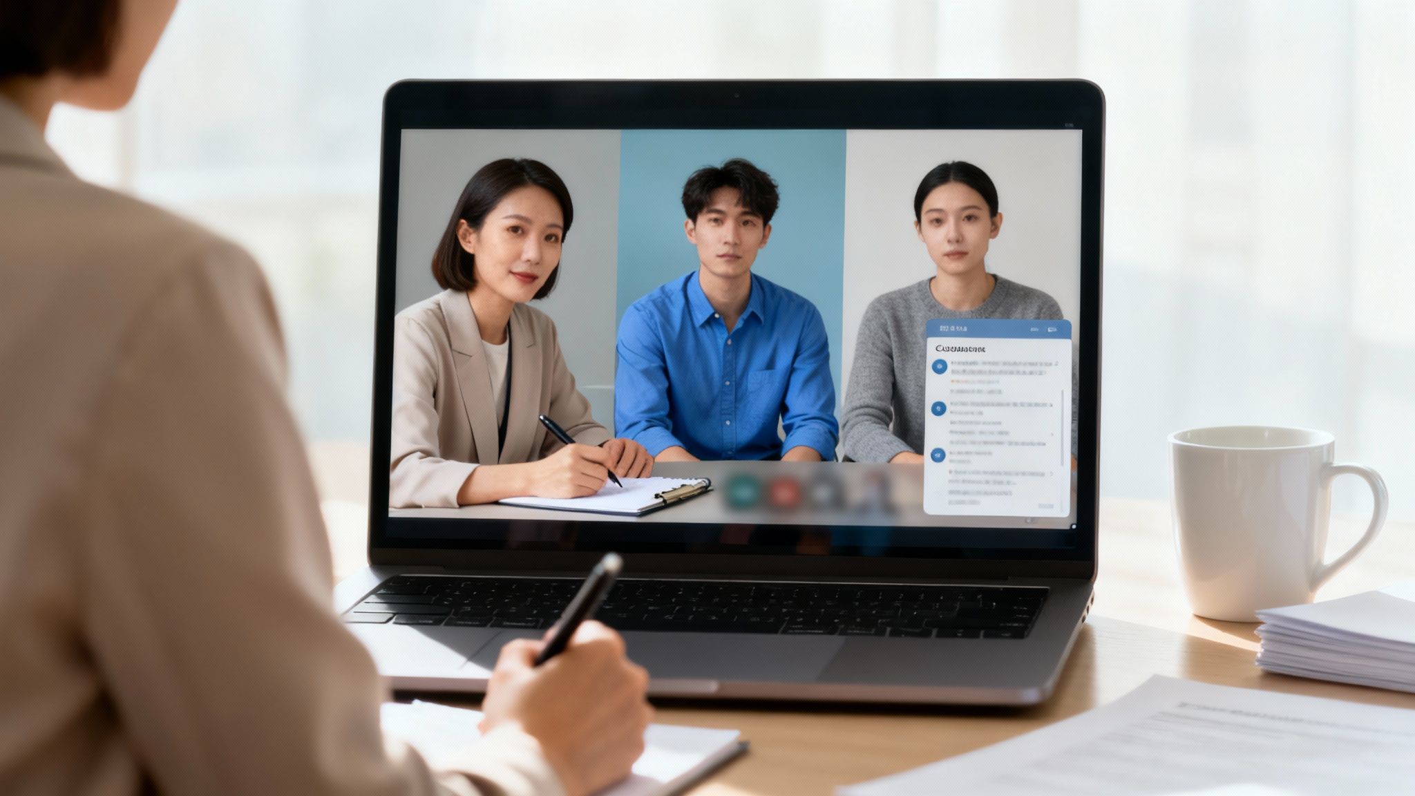 Een HR-manager voert een videogesprek met een medewerker om objectief een conflict te onderzoeken.