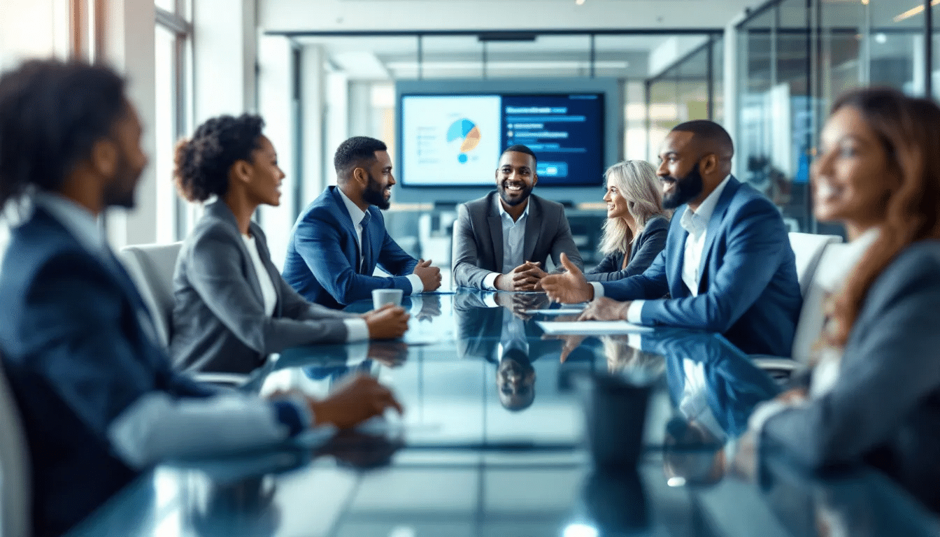 Een diverse groep van executives zit rond een moderne vergadertafel in een boardroom, waarbij ze in gesprek zijn over corporate governance en de principes van de Nederlandse corporate governance code. De setting straalt professionaliteit en samenwerking uit, wat essentieel is voor de naleving van de regels en het toezicht op beursgenoteerde vennootschappen.