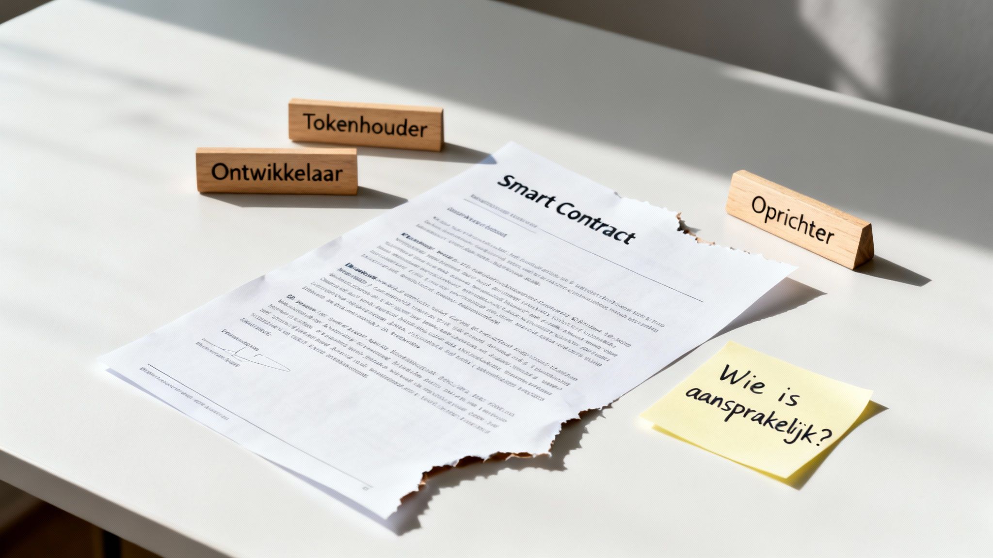 Een smart contract document met houten blokken 'Tokenhouder', 'Ontwikkelaar', 'Oprichter' en een vraag over aansprakelijkheid.