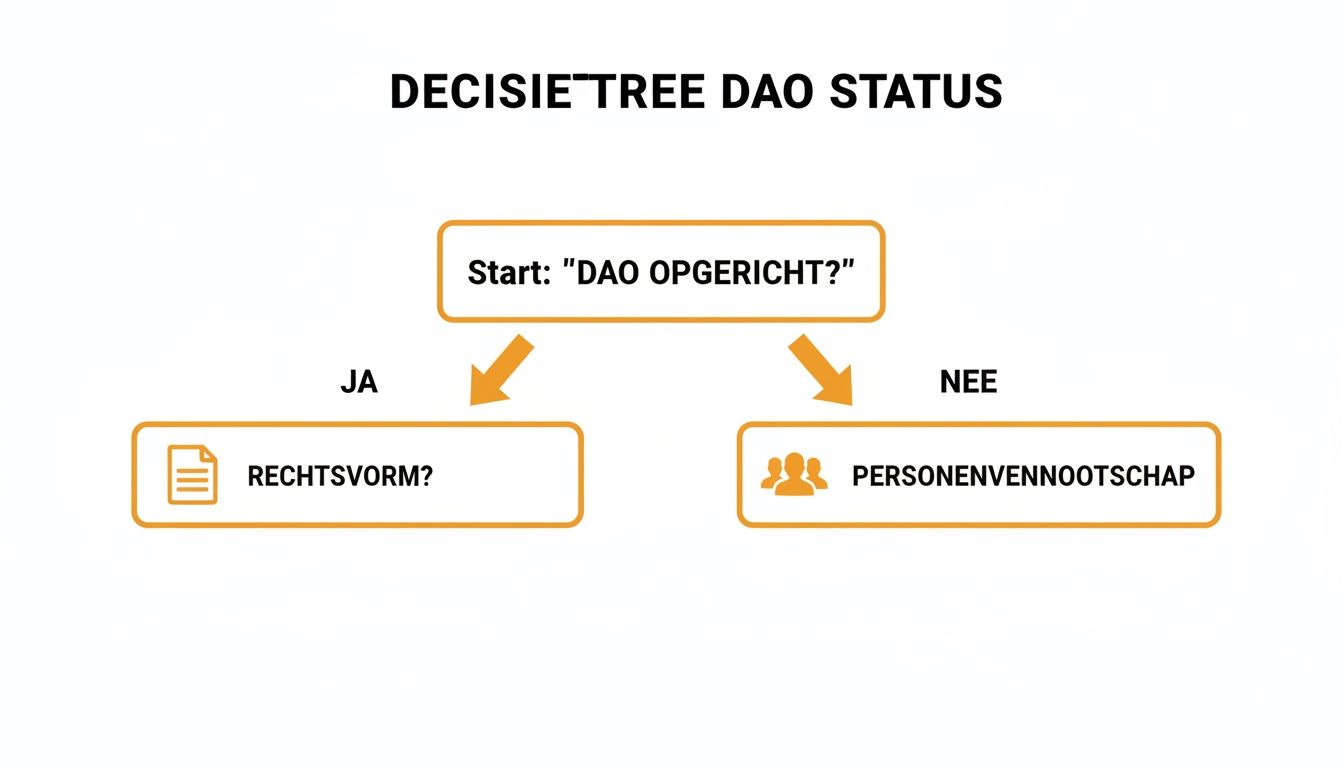 Beslissingsboom voor de status van een DAO, met vragen over oprichting en rechtsvorm, of een personenvennootschap.