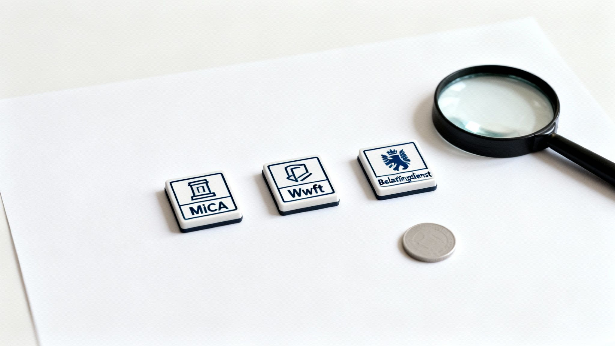 Drie tegels met MICA, Wwft en Belastingdienst iconen, een vergrootglas en munt op papier.