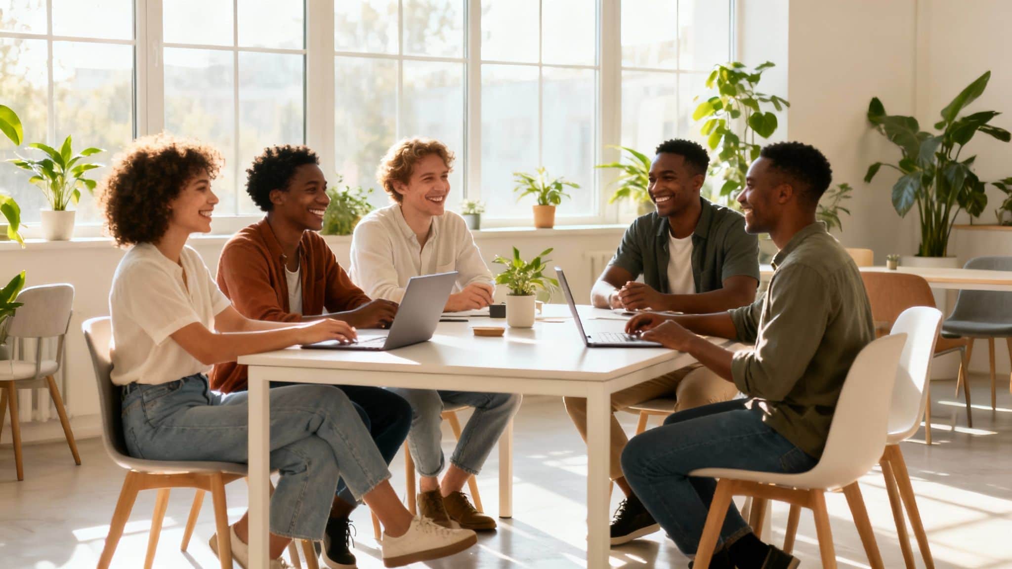 Vijf jonge mensen werken lachend samen aan een tafel met laptops in een lichte kantoorruimte.