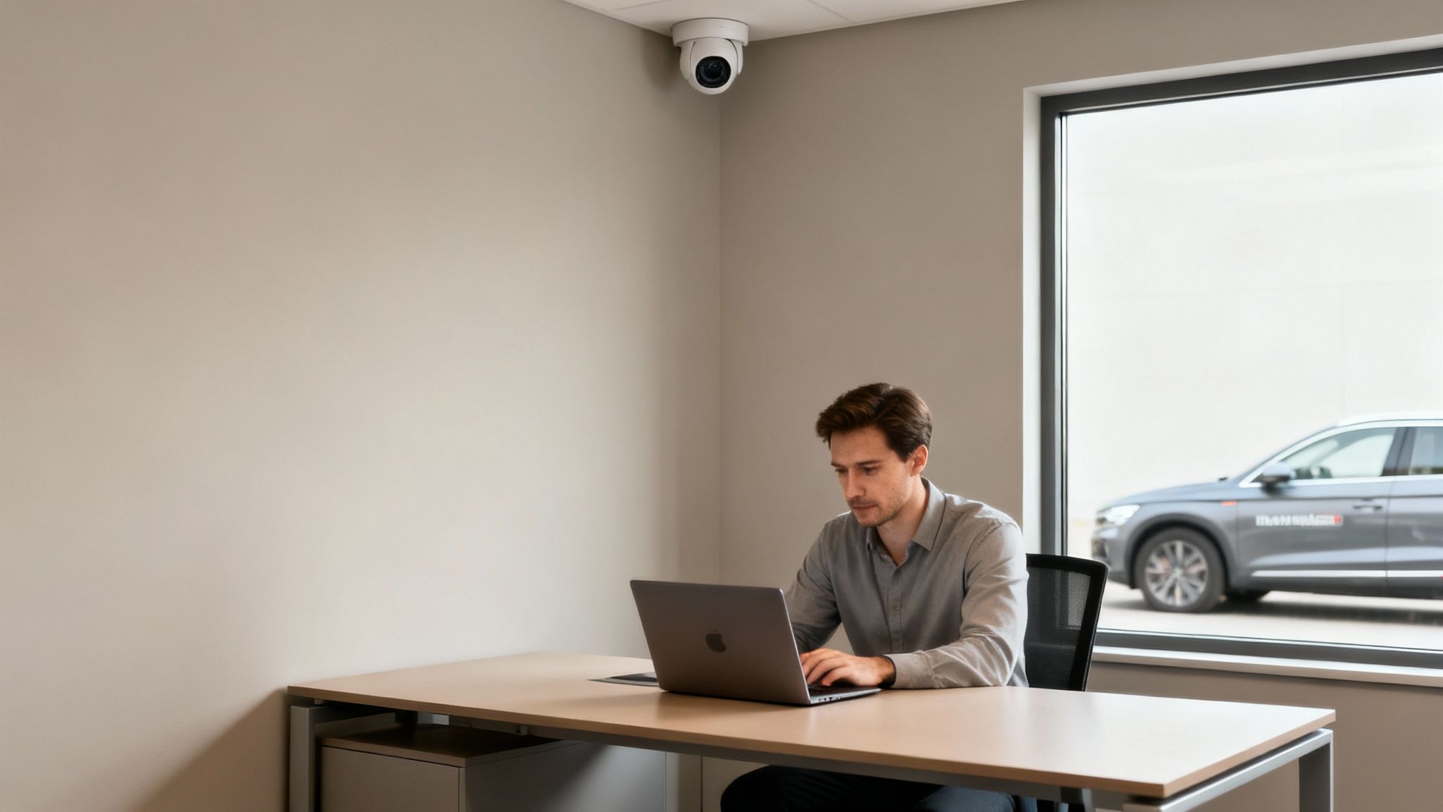 Man werkt op een laptop aan een bureau in een kantoor, met een beveiligingscamera aan het plafond en een auto buiten het raam.