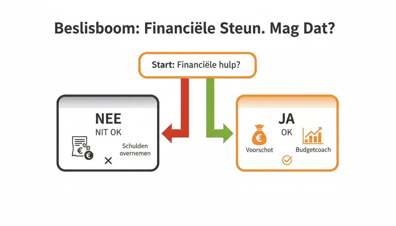 Beslisboom over financiële hulp. Bij 'nee' is schulden overnemen niet ok. Bij 'ja' zijn voorschot en budgetcoach ok.