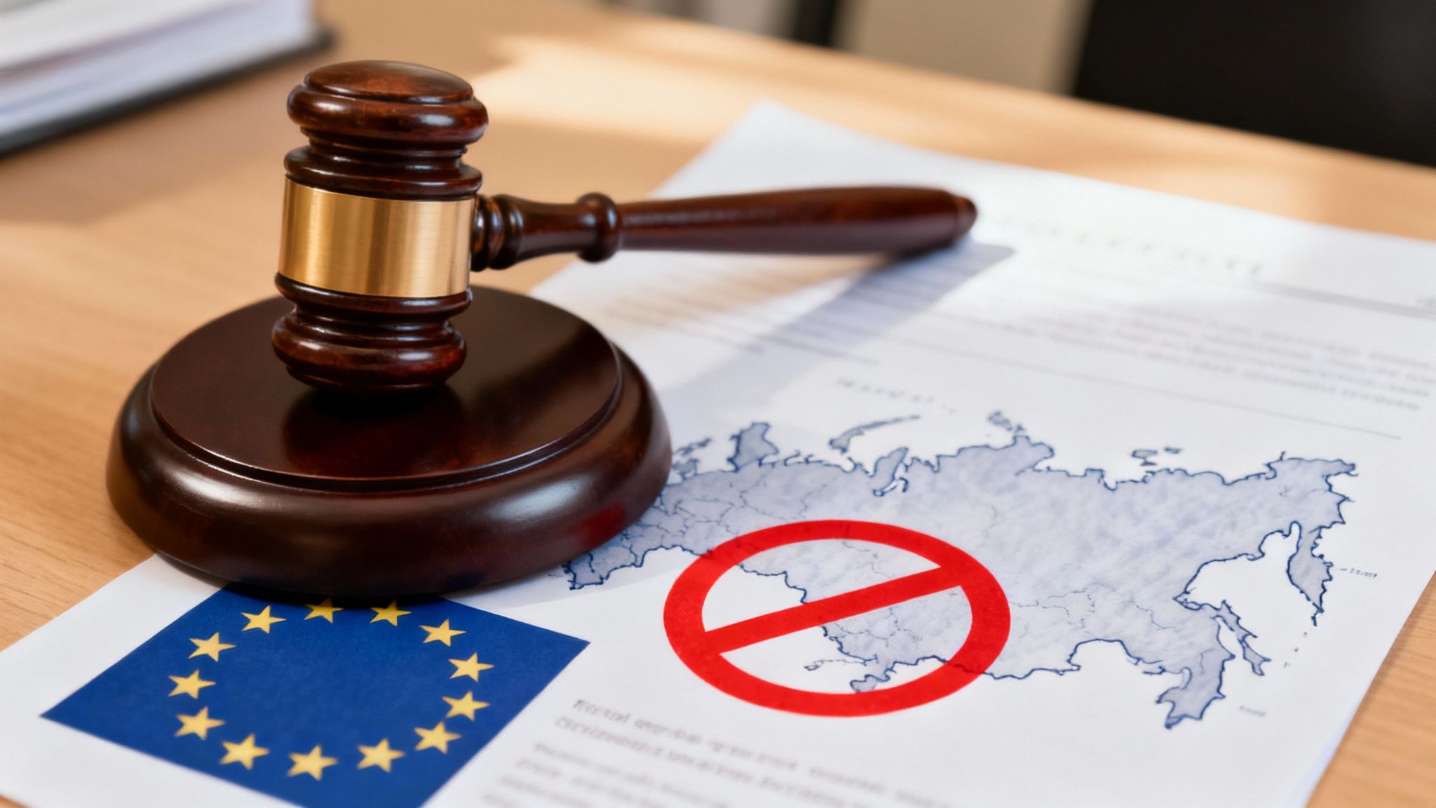 Juridische hamer naast EU en Russische vlaggen als symbool voor sancties