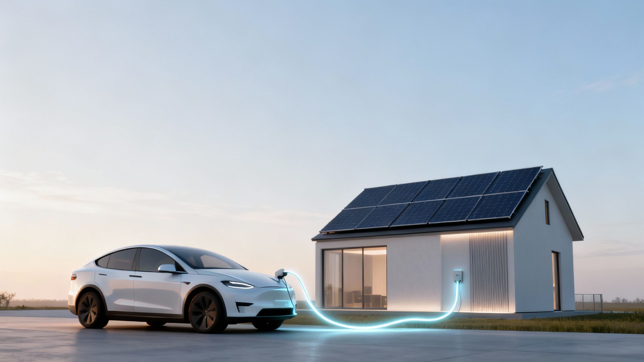 Een illustratie van een slim huis met zonnepanelen, een elektrische auto die oplaadt en een thuisbatterij, allemaal verbonden met een centraal netwerk.