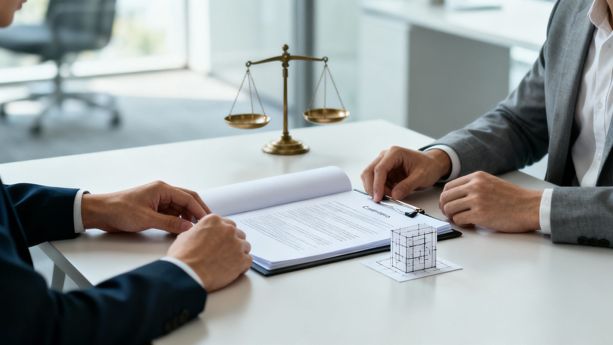 Twee business professionals die een contract bespreken in een modern kantoor