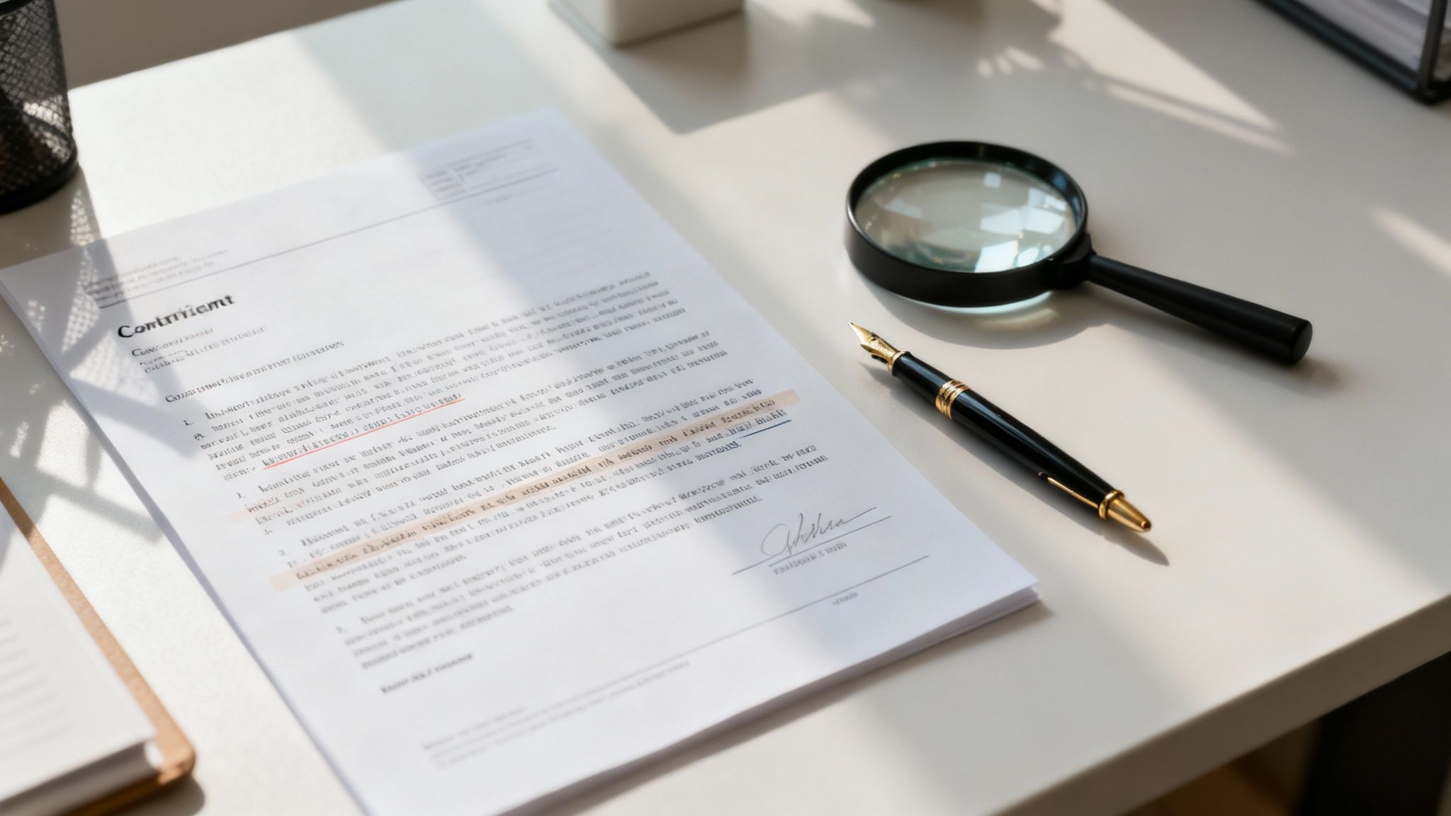 Twee business professionals die een contract beoordelen aan een vergadertafel