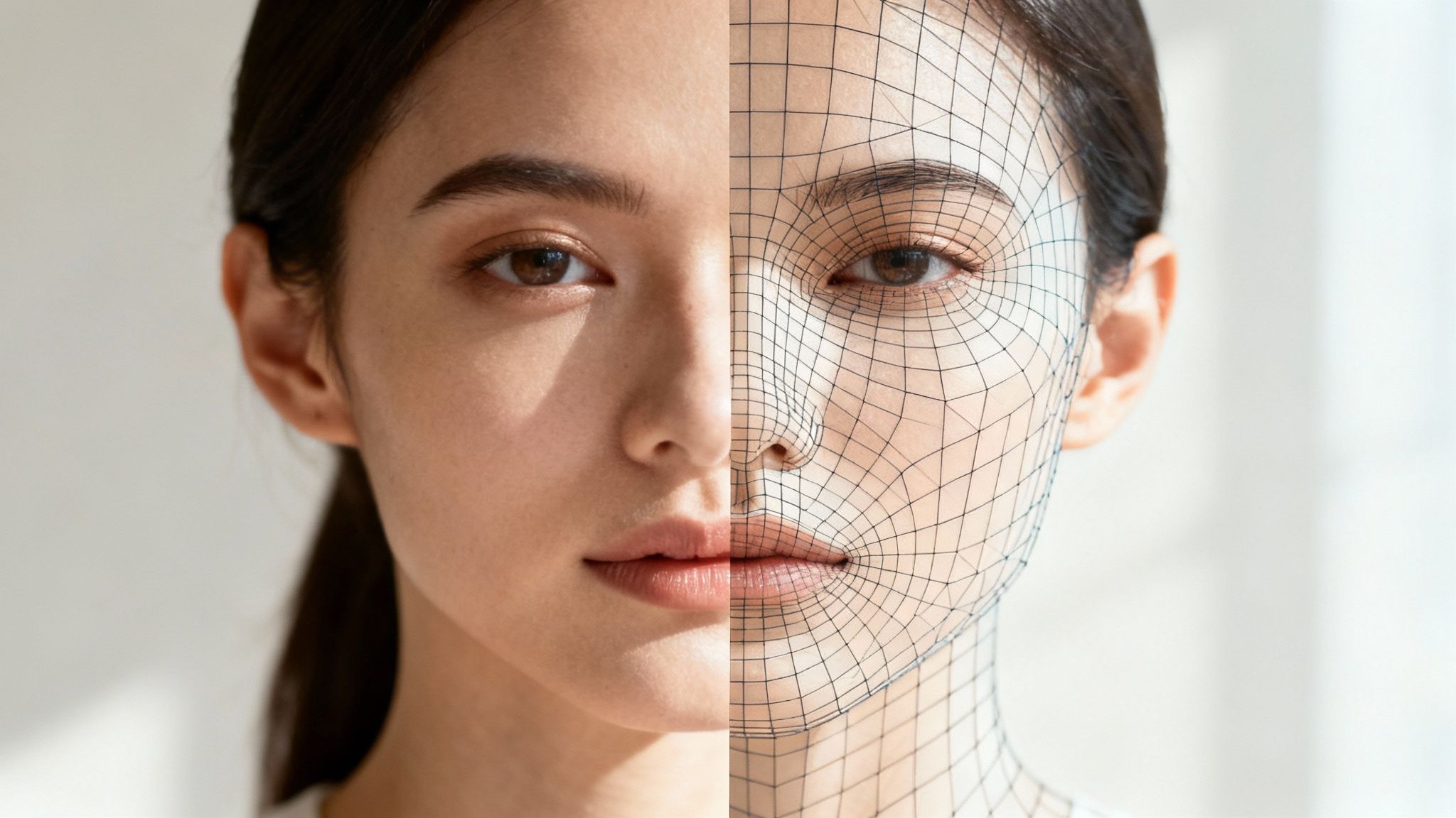 Een abstracte visualisatie van een gezicht dat wordt gescand door AI-technologie, met oplichtende datapunten.