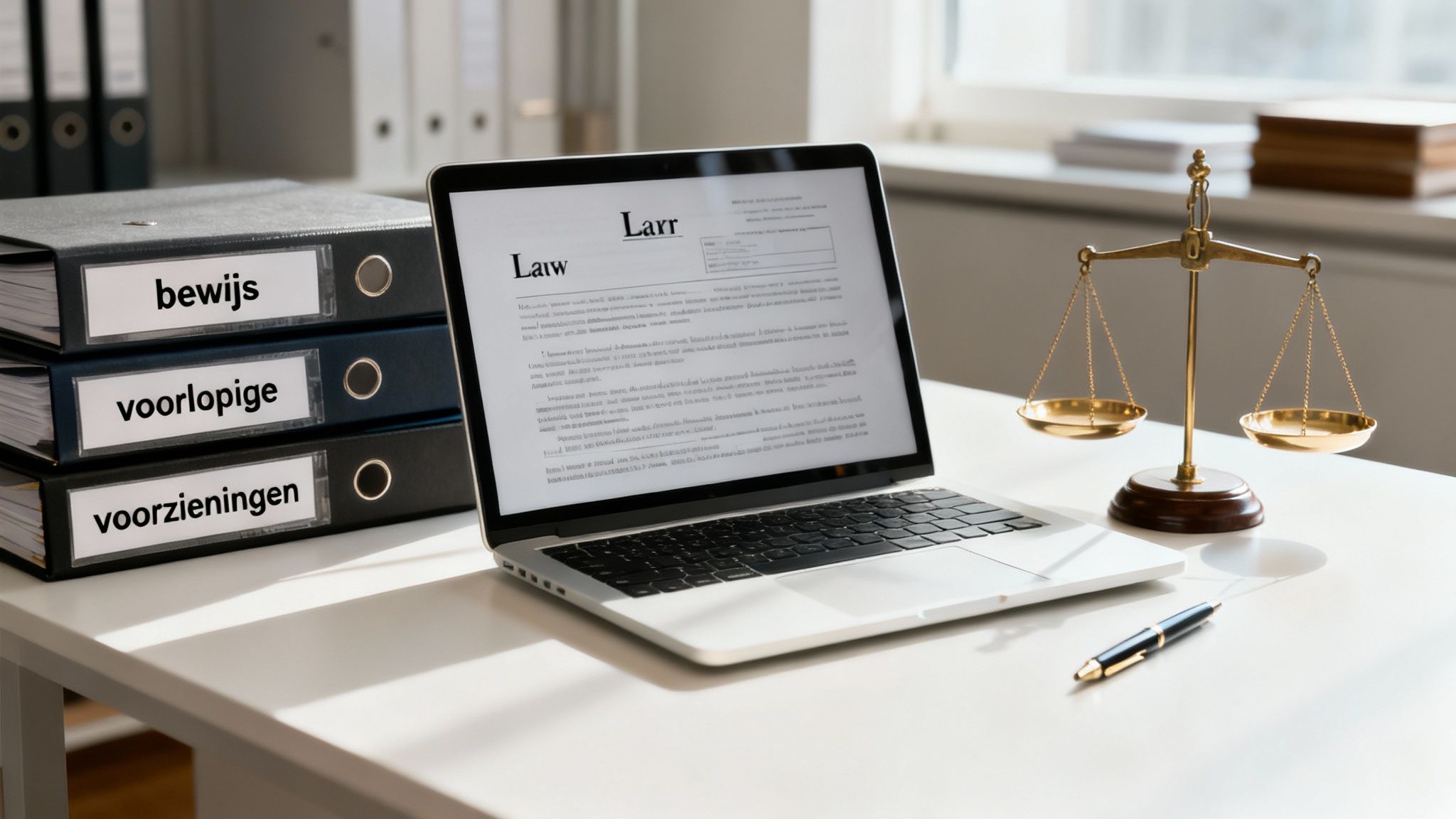 Een advocaat die documenten doorneemt aan een bureau, wat strategie en voorbereiding symboliseert
