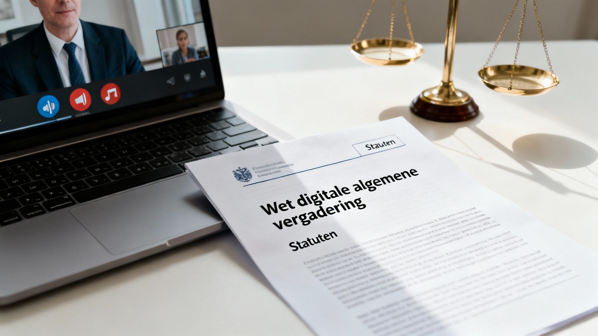 Laptop met videovergadering, juridisch document over digitale algemene vergaderingen en weegschaal van Justitie.