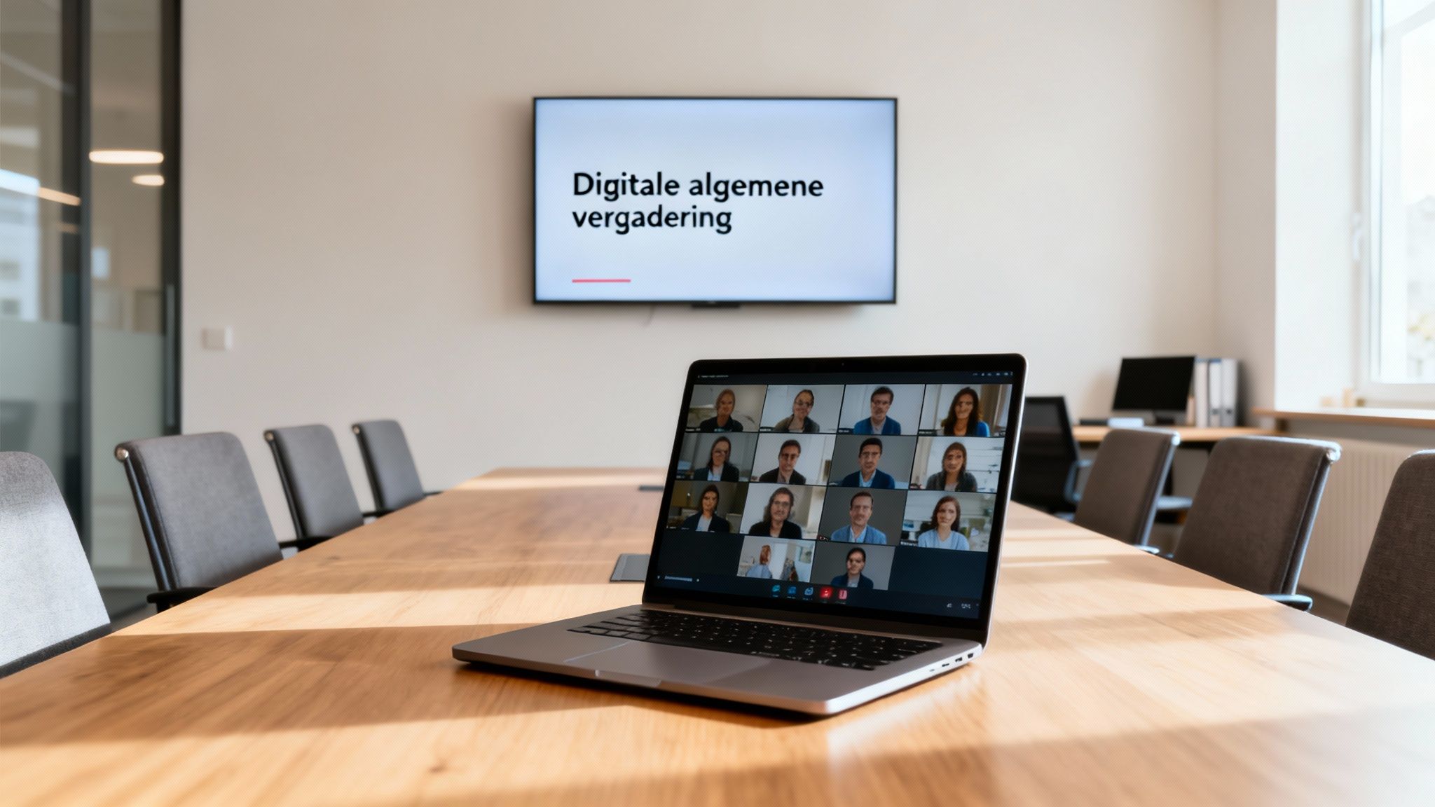 Een laptop op een vergadertafel toont een online vergadering, met een scherm op de achtergrond dat 'Digitale algemene vergadering' toont.