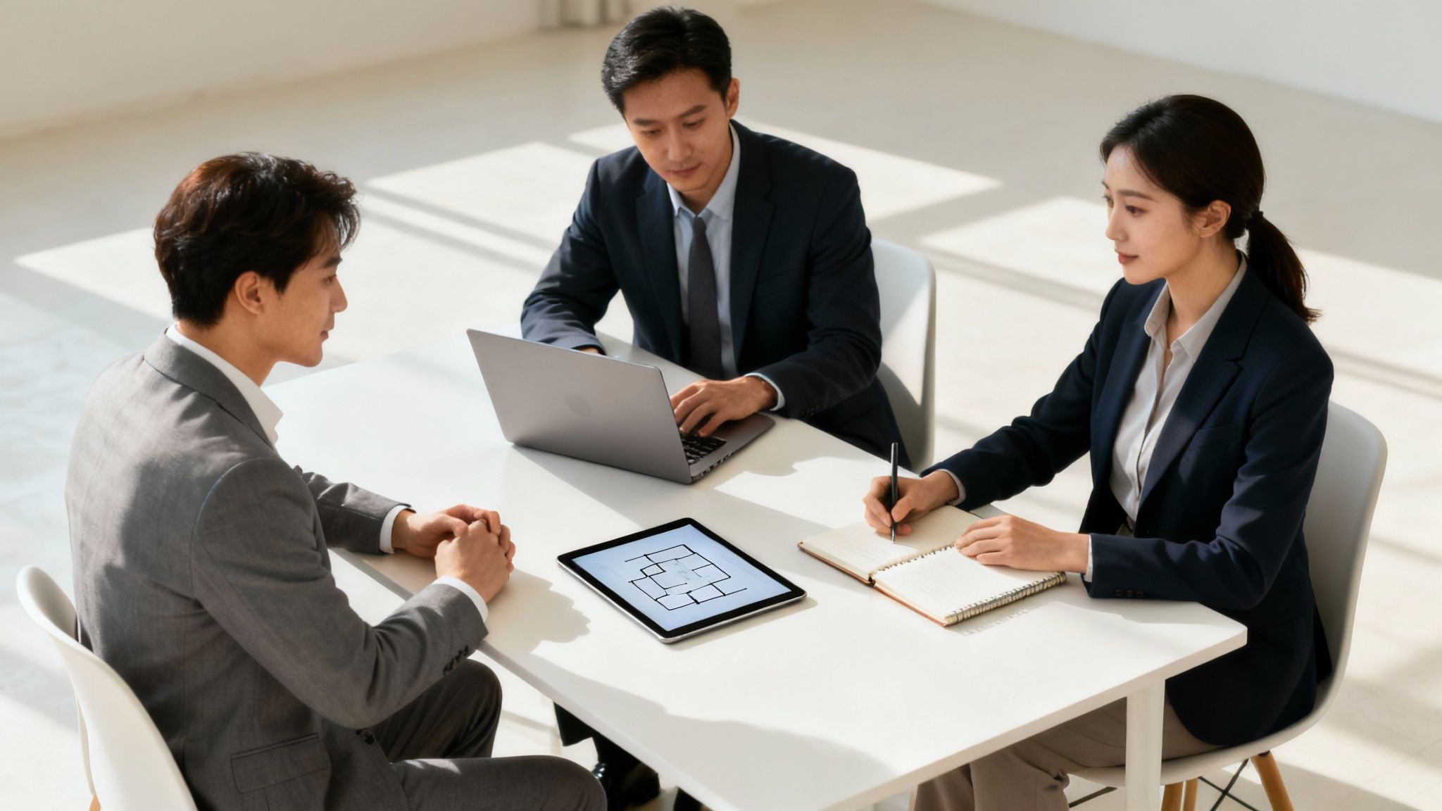 Drie mensen die samenwerken aan een contract