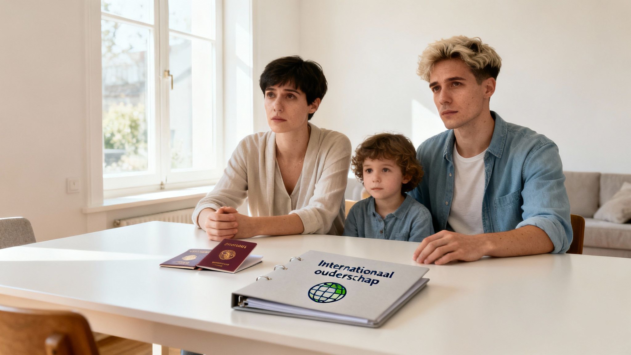 Bezorgde familie bespreekt internationaal ouderschap met paspoorten en documenten op tafel.