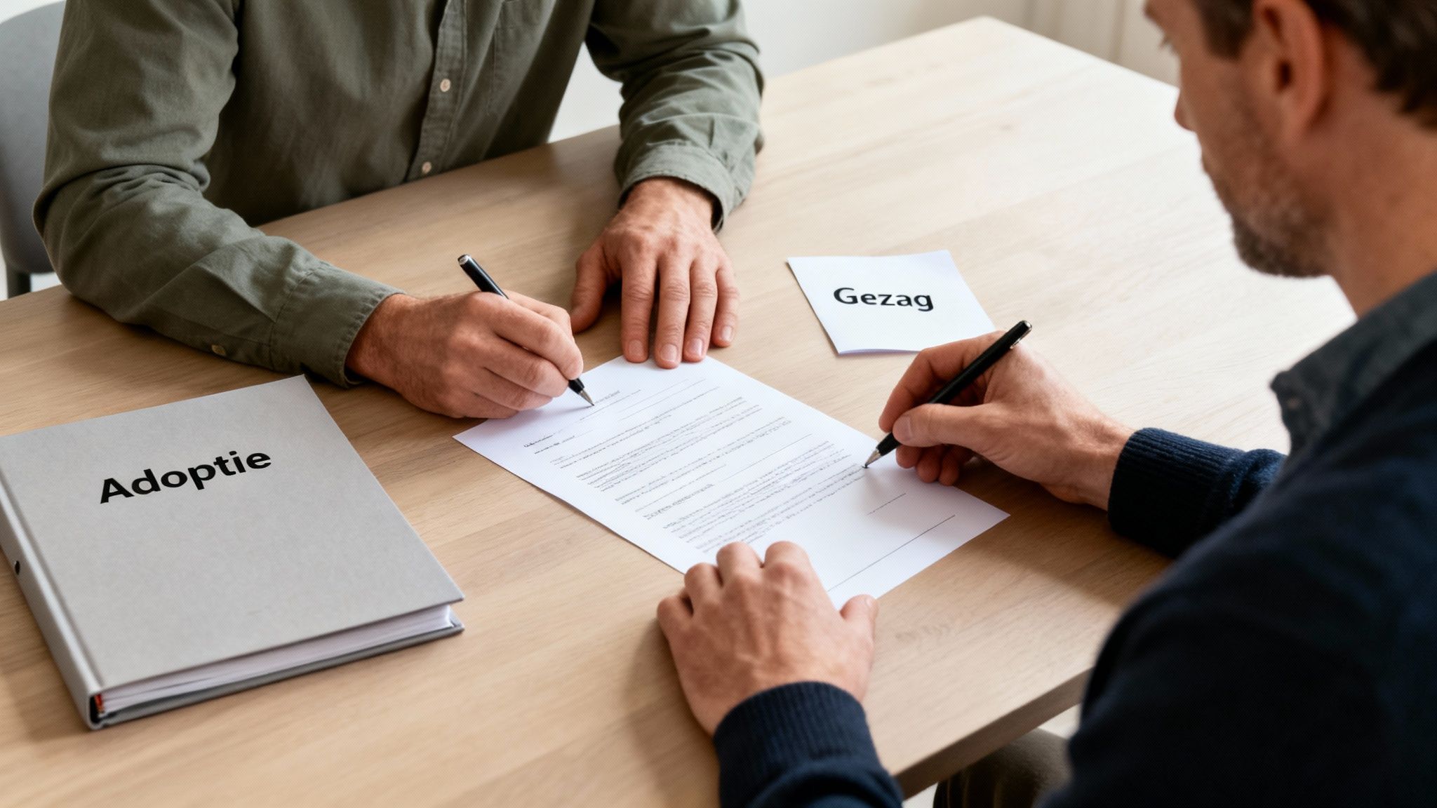 Twee mannen ondertekenen adoptiepapieren en documenten voor ouderlijk gezag aan een houten tafel, wat juridische stappen symboliseert.